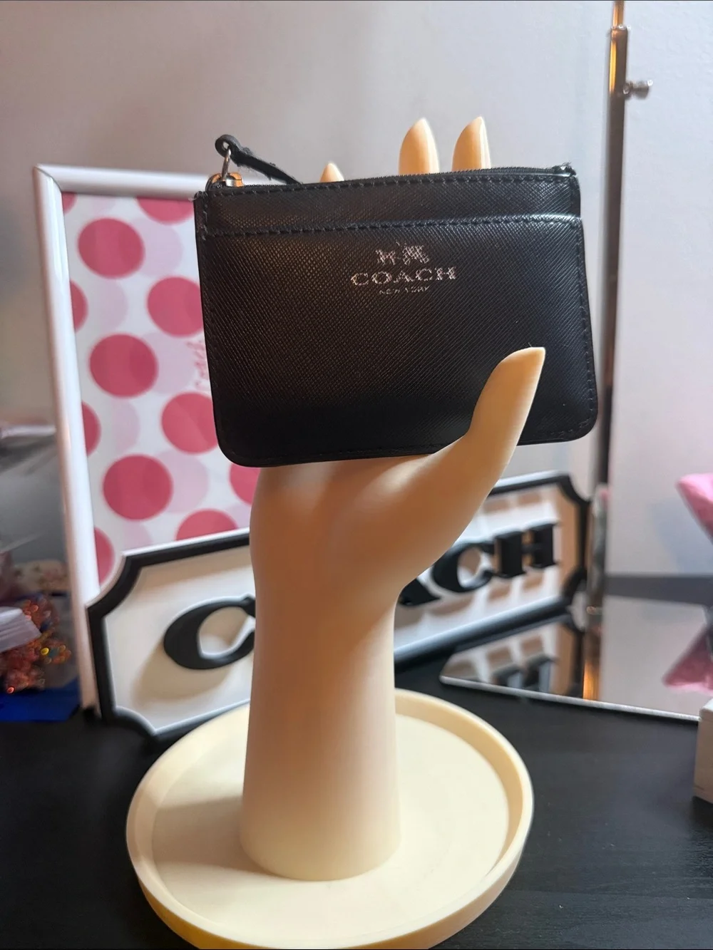 Coach Black Pebbled Leather Zip Card Case with Silver Logo